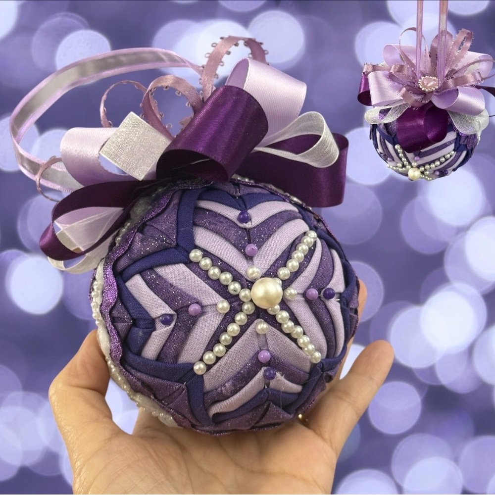 Christmas Ornament, Elegant Purple Holiday Gift, Pearls, Quilted Tree Ornament